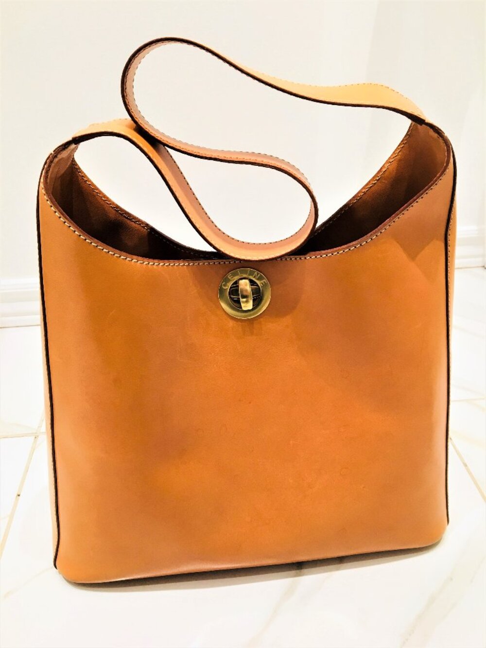 Authentic CELINE Turn Lock Orange Leather Tote Bag Made in Italy